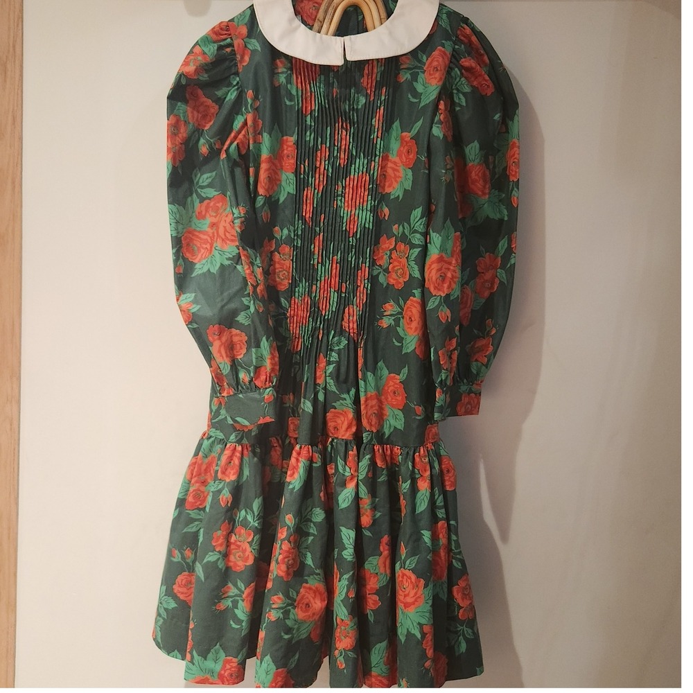 Vintage Floral Rose Puffed Sleeve‎ Peter Pan Collar Midi Dress